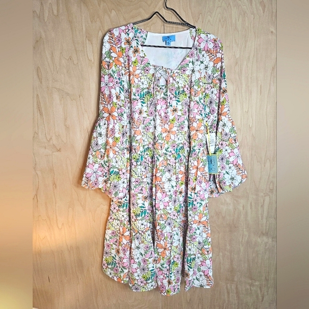 NWT CeCe Balloon Belle sleeve colorful Bohemian hipster summer dress